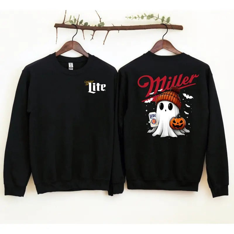 Miler Lite Ghost Cute Pumpkin Halloween 2Ssides Sweatshirt - Unisex Crewneck Sweatshirt for Men and Women - Pullover, Womenswear Fabric Hoodie