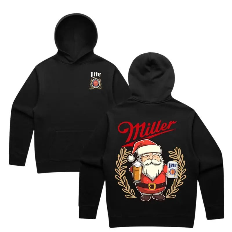 Miler Lite Santa Claus Noel 2 Sided Hoodie Sweatshirt T-shirt, Fashion Casual Regular Fit Drawstring Pocket Hooded for Daily Holiday Outdoor Wear, Men Clothes for Fall and Winter, Christmas Gift