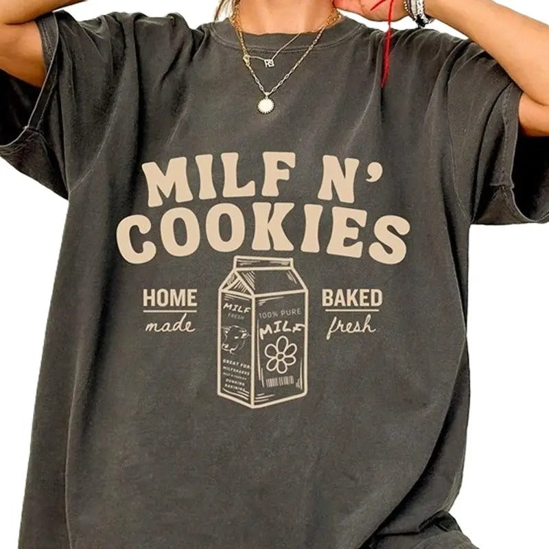 Milf n cookies Shirt stay at home milf T-shirt, Vintage 90s style top clothing, Unisex graphic Streetwear shirts