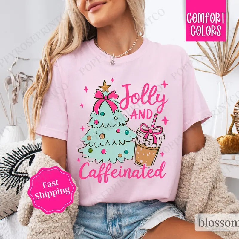 Mint Jolly and Caffeinated Shirt, Preppy Christmas Tee, Womens Holiday Tshirt