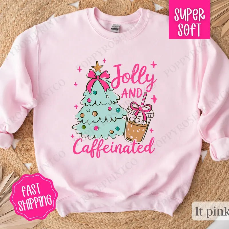 Mint Jolly and Caffeinated Sweatshirt, Preppy Christmas Crewneck, Womens Holiday Sweater