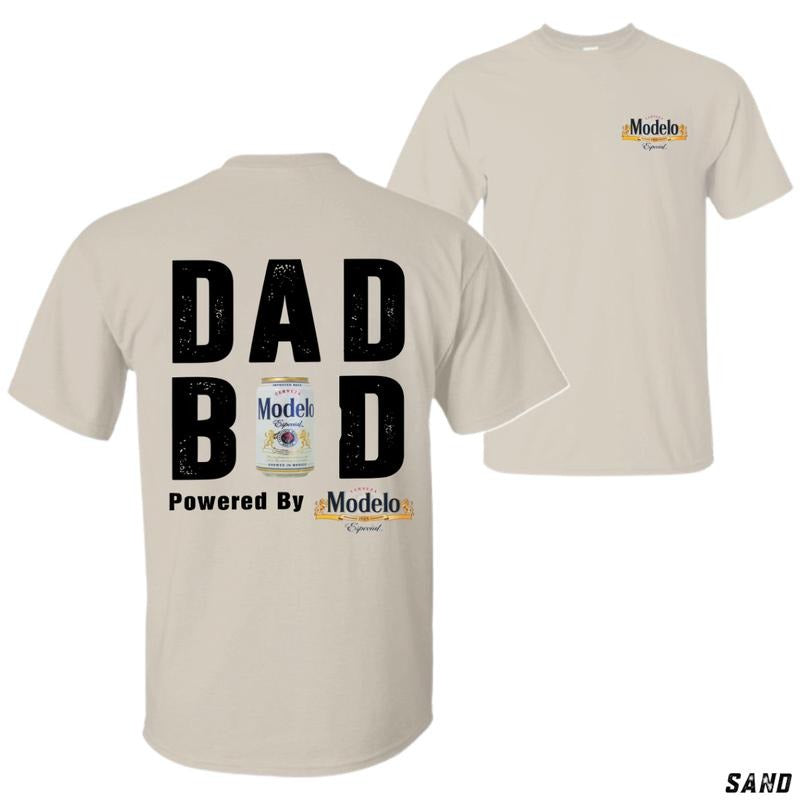 Modelo Dad Bod Powered by Modelo Tee - Funny Beer Lover Shirt for Dads, Menswear Tops, Classic Cotton Graphic Tee, Short Sleeve, Crew Neck, Regular Fit, Casual Wear