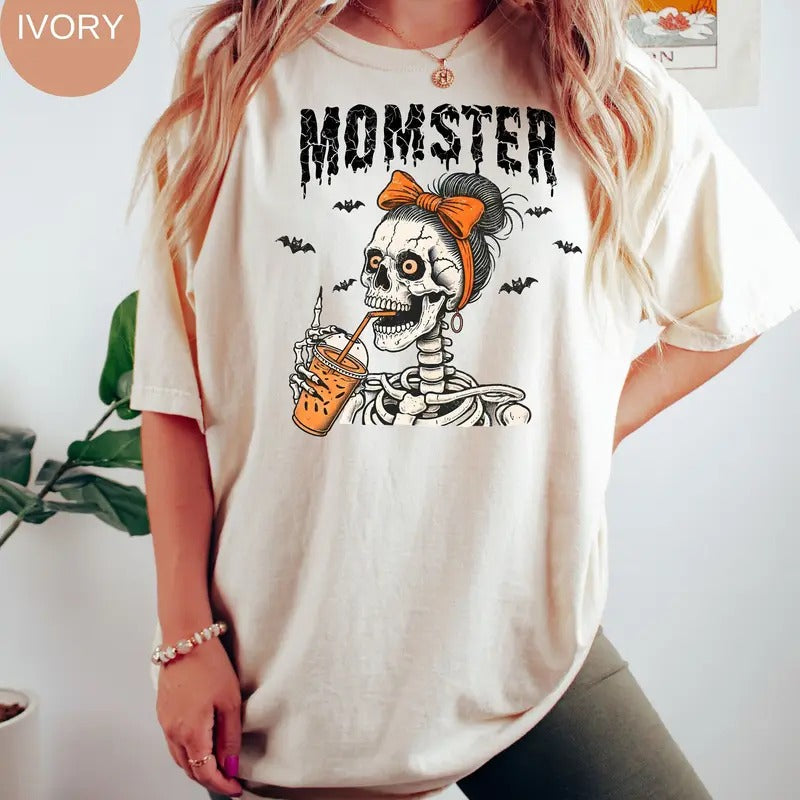 Momster Skeleton Mom Halloween Comfort Color T-shirt Funny Mama Halloween Shirt Mom Spooky Season Coffee Lover Fall Tee Gift For Mothers