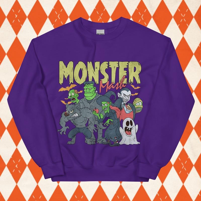 Monster Mash Halloween Sweatshirt - Unisex Relaxed Fit Printed in USA Casual Comfort Cotton Top Athletic Boho Chic All Seasons
