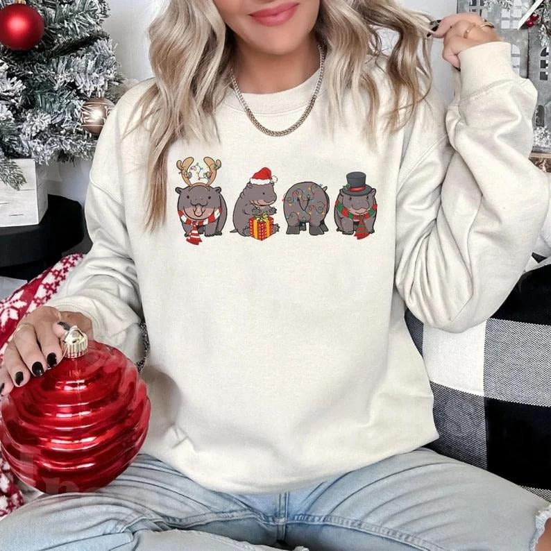 Moo Deng Christmas Sweatshirt, Moo Deng Shirt, Retro Hippo Christmas Shirt, Cute Baby Hippo Moo Deng Bouncy Pig in Thai,...