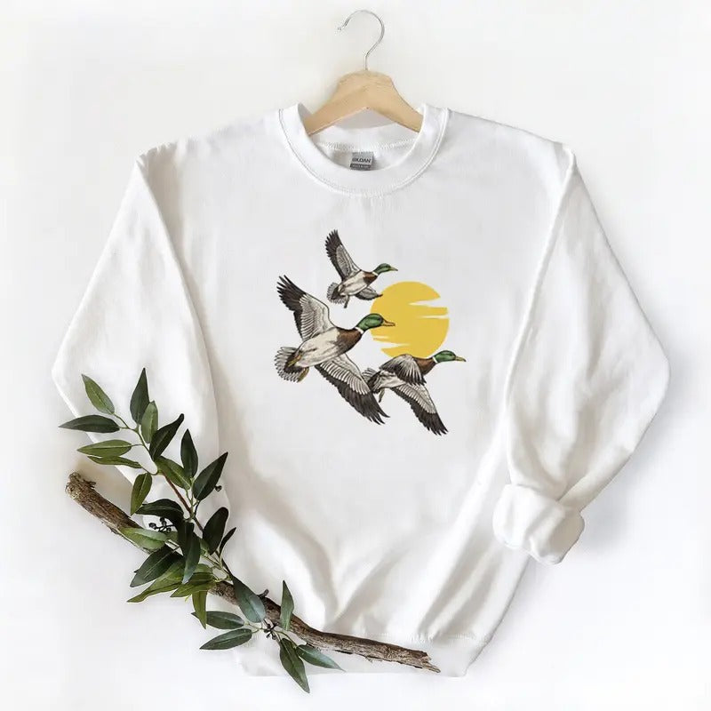 Moon and Mallard Duck fly Vintage Unisex Tshirt Sweatshirt Hoodie, for duck hunters, husbands and Mallard duck lovers