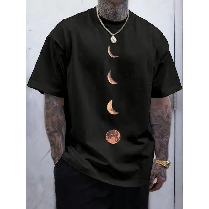 Moons Print Men's Crew Neck Fashionable Short Sleeve Sports T-shirt, Comfortable And Versatile, For Summer And Spring, Athletic Style, Comfort Fit T-Shirt, As Gifts Made in USA