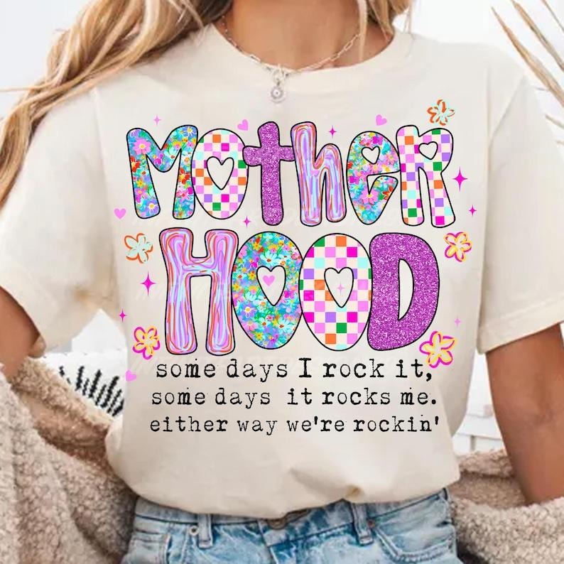 Motherhood Coquette Bow Checker Tshirt, Neon Mother hood Shirt, Funny Mom Tee, Sarcastic Mama Retro Shirt, Mom shirt, Sassy Mothers Day T-Shirt