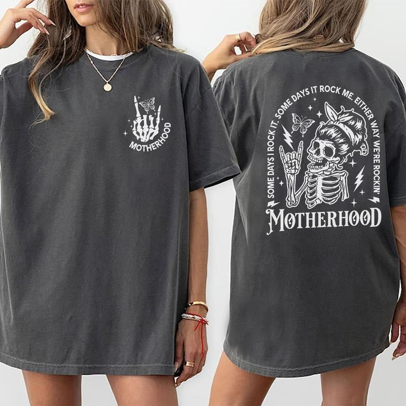 Motherhood Shirt, Some Days I Rock It Tee, Motherhood Rock Skeleton T-shirt Double Printed, Rocking Mom Tees, Mom Life Shirt, Mama Shirt, Gifts For Mom, Soft Cotton Fabric Womenswear, Mom Daily Basic Outfits Comfort Fit, Women Tops Chic Style