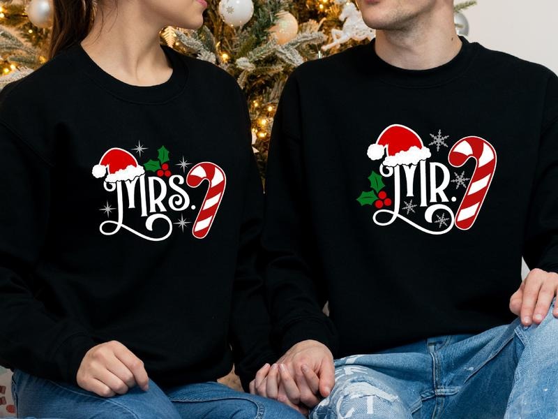 Mr And Mrs Christmas Sweatshirt, Matching Couples Xmas Party Hoodie, Wife And Husband Holiday Sweater, New Married Gift, Santa Hat Family Long Sleeve.