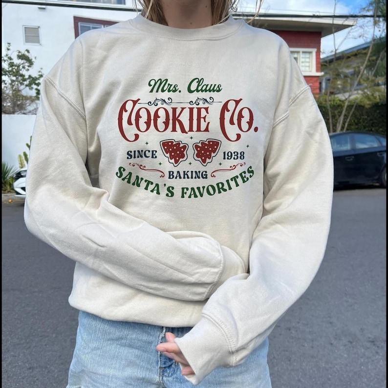 Mrs Claus Cookie Co Santa Favorite Crewneck Sweatshirt, Christmas Cozy Holiday Crewneck Sweater, Comfy Gift