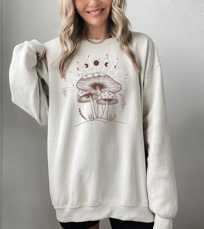 Mushroom Sweatshirt, Mushroom Sweatshirt, Spiritual Sweatshirt, Gift for Her, Spiritual Moon Phase Hoodie and Sweater; T-shirt Cotton
