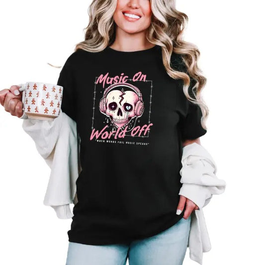 'Music On, World Off, When Words Fail Music Speaks' Crewneck Sweatshirt, T Shirt, or Hoodie | Grunge Aesthetic Pullover Retro Vibes | Casual, Comfort
