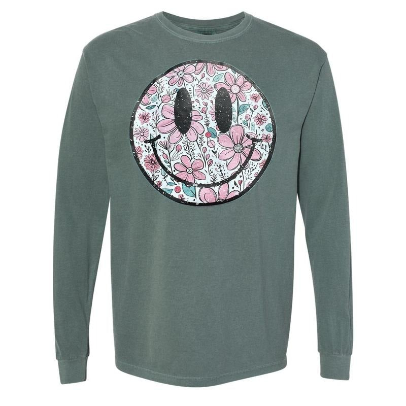 Muted Florals Happy Face LONG SLEEVE Comfort Colors T-Shirt 'NLB'
