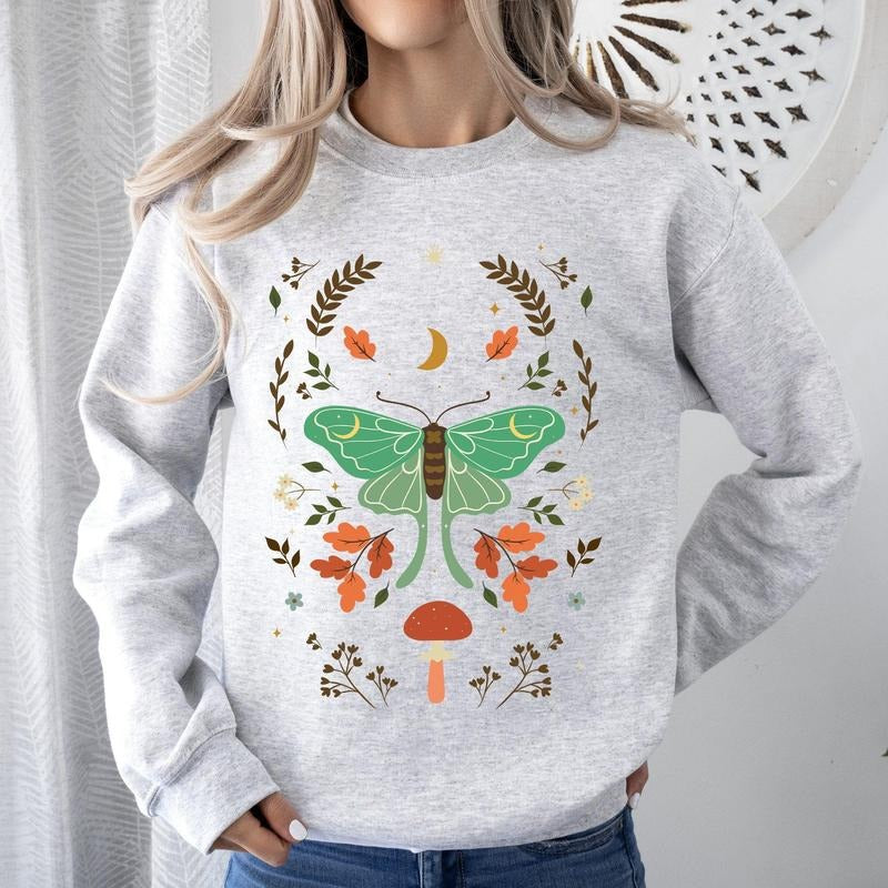 Mystical Moth and Moon, Enchanted Floral Night Sky Sweatshirt