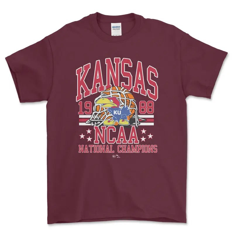 NCAA 1988 Kansas National Championship T-Shirt, graphic vintage sports tees for men