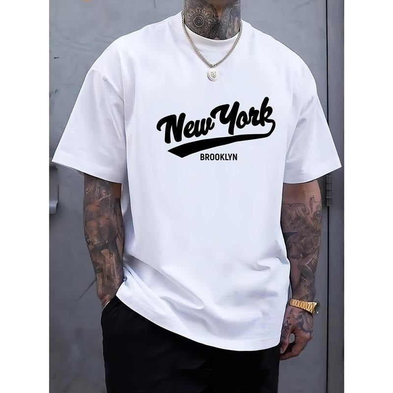 NEW YORK Print Men's Round Crew Neck Short Sleeve Tee, Fashion T-Shirt, Comfy Breathable Casual Sports Top For Spring Summer Holiday Leisure Vacation Made in USA