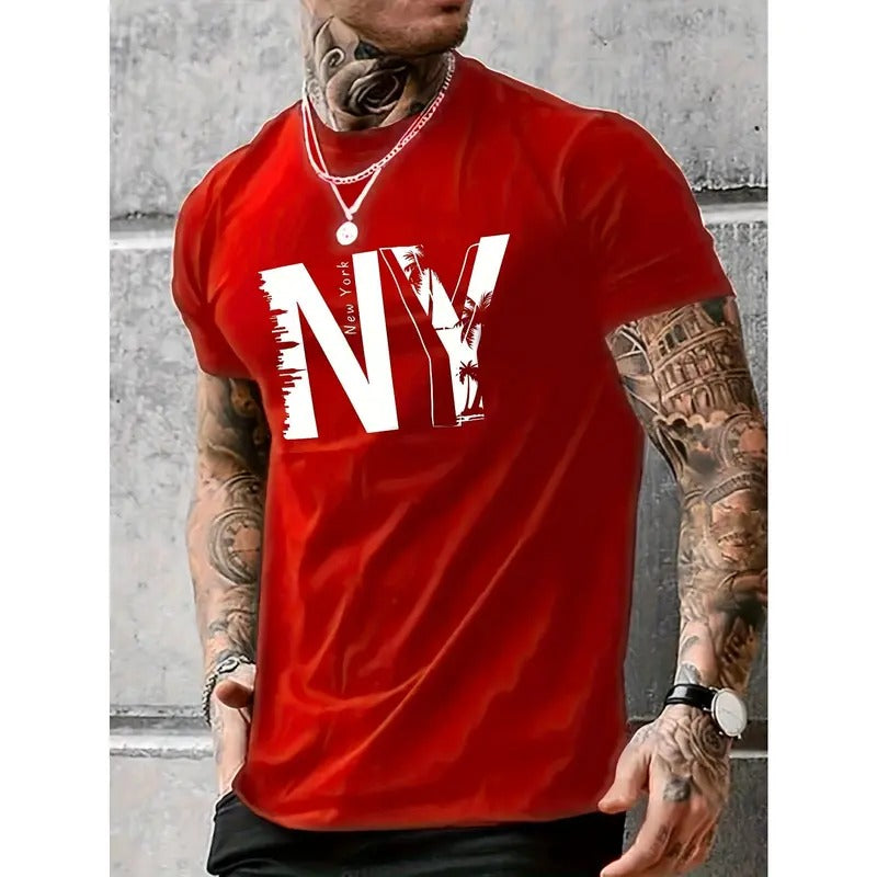 NY Print Men's Chic Cotton Blend Short Sleeve Crew Neck T-shirt, Summer Outdoor, Beach Holiday Made in USA