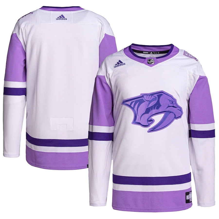 Nashville Predators adidas Hockey Fights Cancer Primegreen Authentic Blank Practice Jersey - White Purple.webp