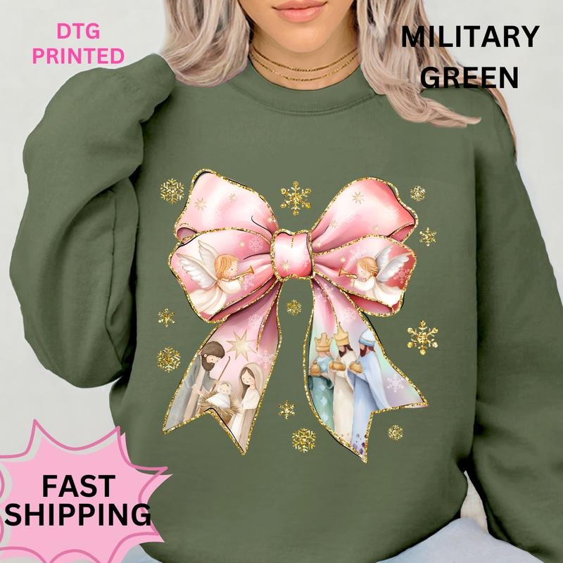 Nativity Bow Christmas Sweatshirt Winter Graphic Long Sleeve Casual Cotton Polyester Oversized sweatshirt - Comfort Crewneck Womenswear
