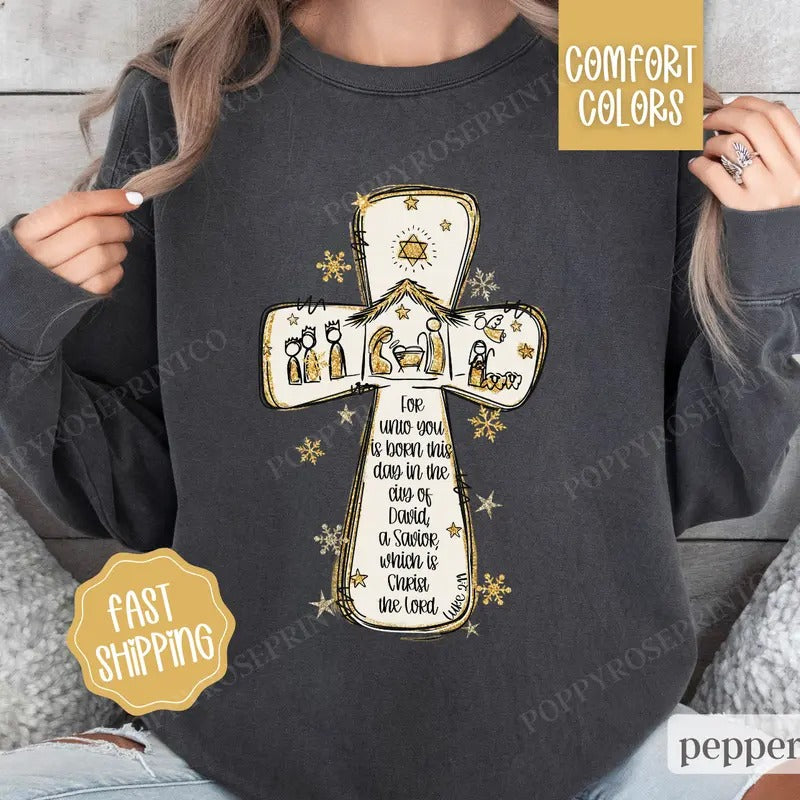 Nativity Christmas Sweatshirt Comfort Colors, Religious Christmas Sweater Womenswear, Holiday Crewneck