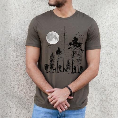 Nature Mens Graphic Tshirt, Forest Tree Shirt, Wildlife Lover Shirt For Women, Tree Moon Nature Shirt, Gift For Adventure Dad, Camping Shirt Made in USA