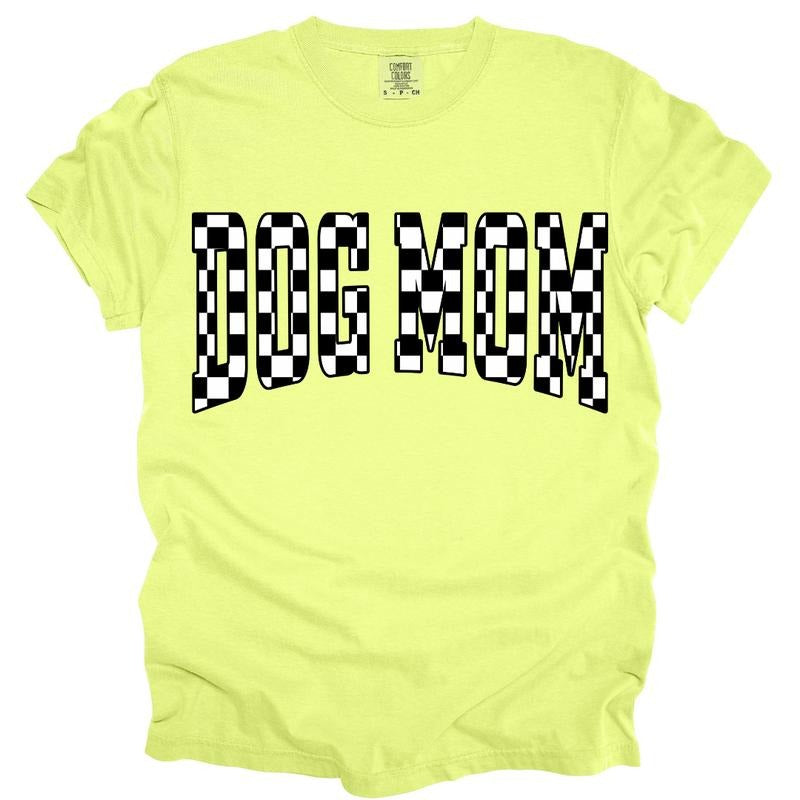 Neon Checkered Dog Mom Shirt ~ Unisex Apparel Relaxed Fit Printed In The USA Clothing Womenswear Casual Comfort Cotton Oversized Christmas