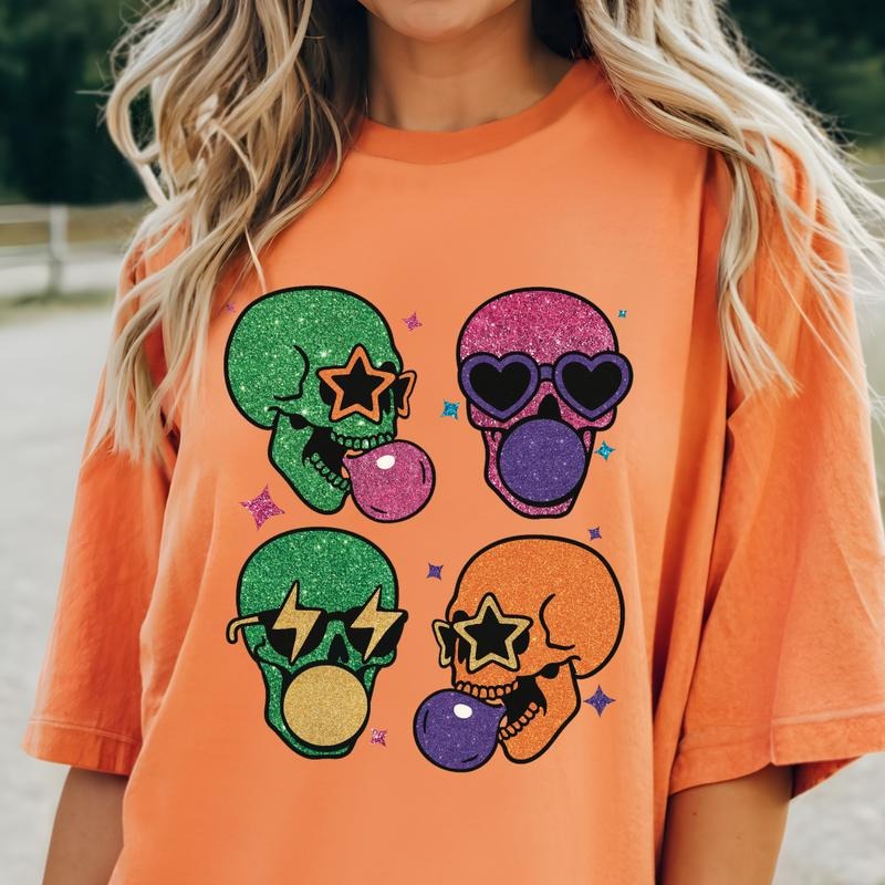 Neon Glitter Skulls Halloween Shirt ~ Unisex Apparel Relaxed Fit Printed In The USA Clothing Womenswear Casual Comfort Cotton Top Athletic Boho Chicstyle{n002}2