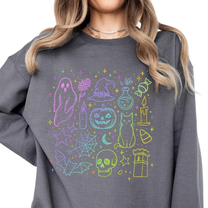 Neon Halloween Doodles Crewneck ~ Unisex Apparel Relaxed Fit Printed In The USA Clothing Womenswear Casual Comfort Cotton Top Athletic Boho Chic