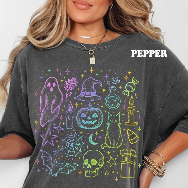 Neon Halloween Doodles Shirt ~ Unisex Apparel Relaxed Fit Printed In The USA Clothing Womenswear Casual Comfort Cotton Top Athletic Boho Chic