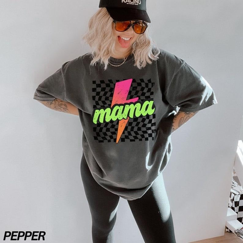 Neon Mama Comfort Colors Shirt, Checkered Mama Shirt, Lightning Bolt Shirt, Mothers Day Gift