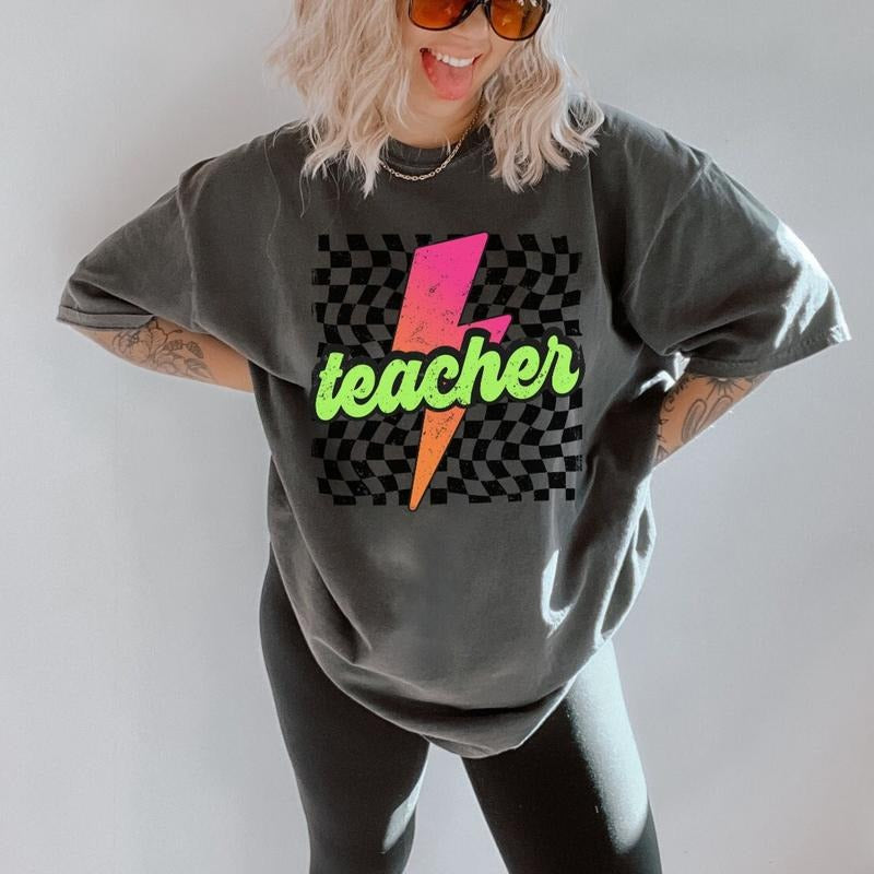 Neon Teacher Shirt, Retro Checkered Teacher Shirt, Lightning Bolt, New Teacher Gift, Back to School, Teacher Appreciation, Comfort Colors Shirt