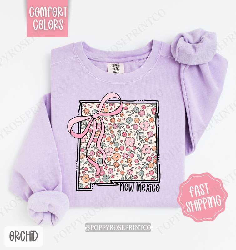 New Mexico Floral Comfort Colors Sweatshirt, New Mexico Sweatshirt, Cute Bow New Mexico Sweatshirt