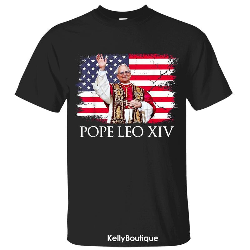 New Pope Leo XIV Robert American Flag T-Shirt, 267th Pope Leo XIV T-shirt, New Catholic Pope, Robert Francis Prevost First American Pope History Shirt, Front Design Unisex Cotton T-shirt for Men for Women Menswear Womenswear Top