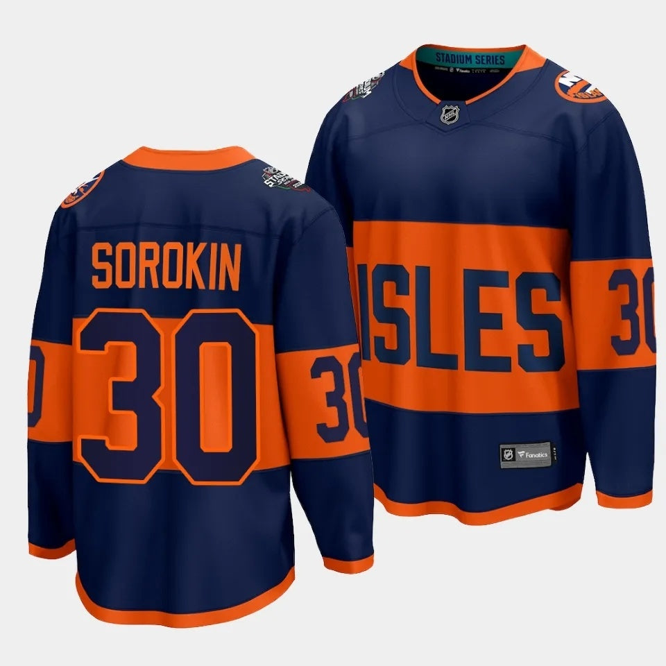 New York Islanders #30 Ilya Sorokin 2024 NHL Stadium Series Jersey – Navy