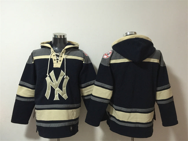 New York Yankees Blank Navy Ageless Must-Have Lace-Up Pullover Hoodie