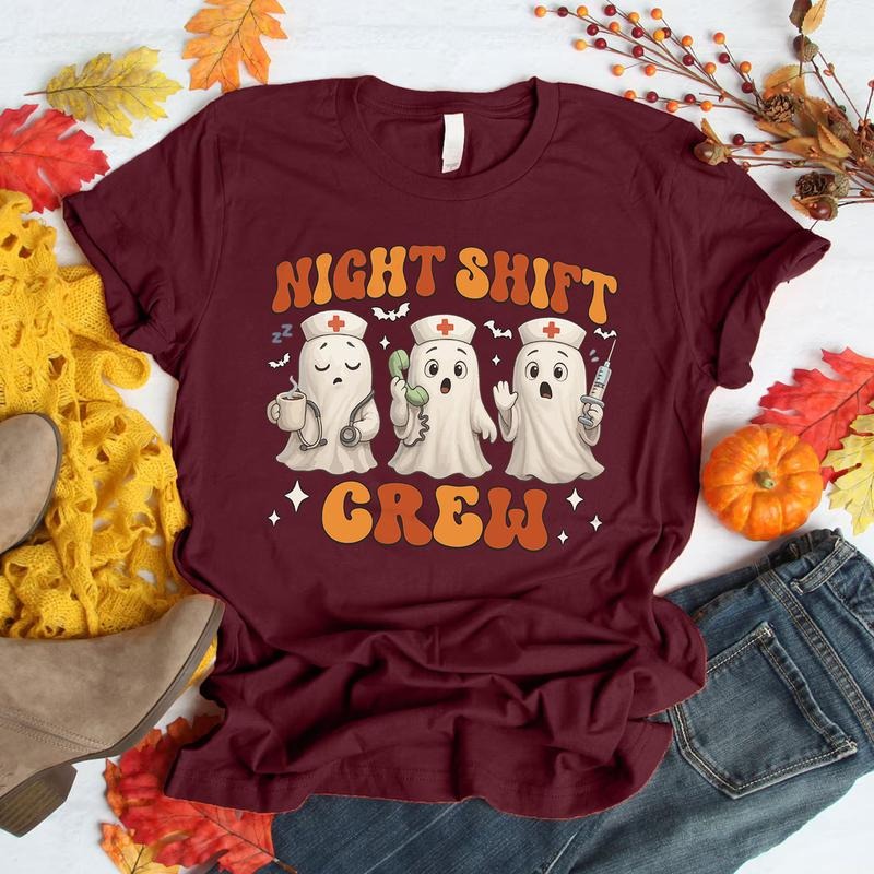 Night Shift Crew Halloween Nurse Ghost T-Shirt - Funny Spooky RN Tee for Healthcare Workers