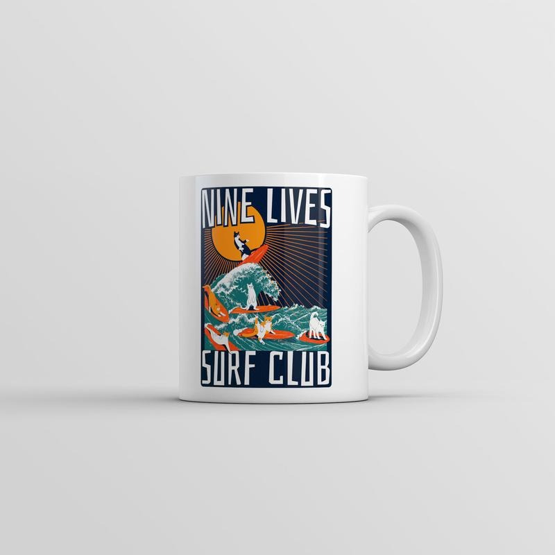 Nine Lives Surf Club Mug Funny Cat Graphic Novelty Coffee Cup-11oz Funny Coffee Mugs Ceramic Printed Drinkware Cup