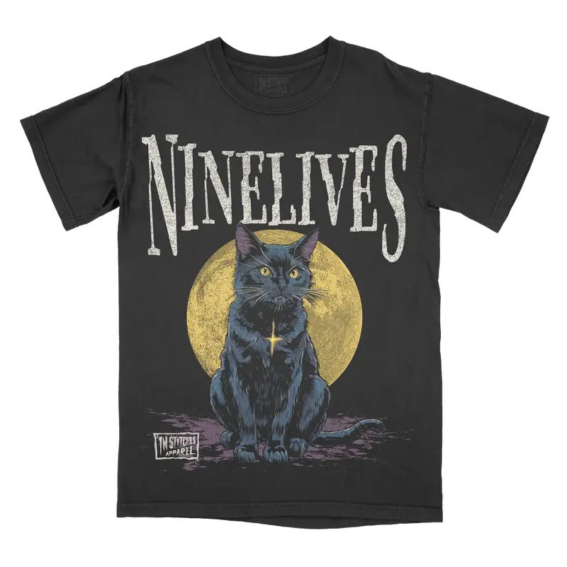 Nine lives Black Cat Comfort Colors Unisex T-shirt Gothic Alternative Fashion Cat Lover