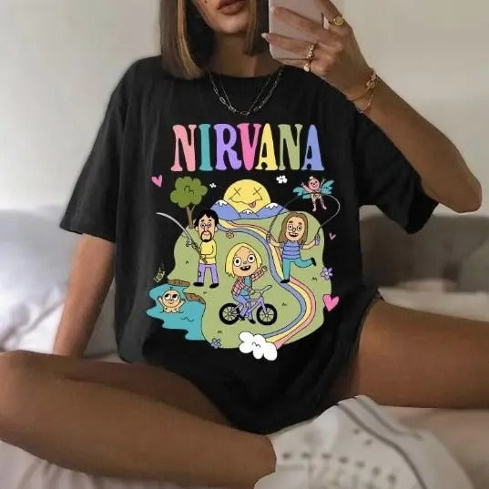 Nirvana Band Tshirt Cute Happy Together Summer vibes T-shirt, Vintage 90s style top clothing, Unisex graphic Streetwear shirts