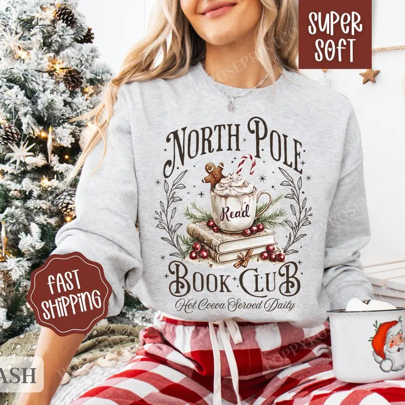 North Pole Book Club Sweatshirt, Merry Christmas Sweater, Women's Holiday Crewneck, Book Lover Gift