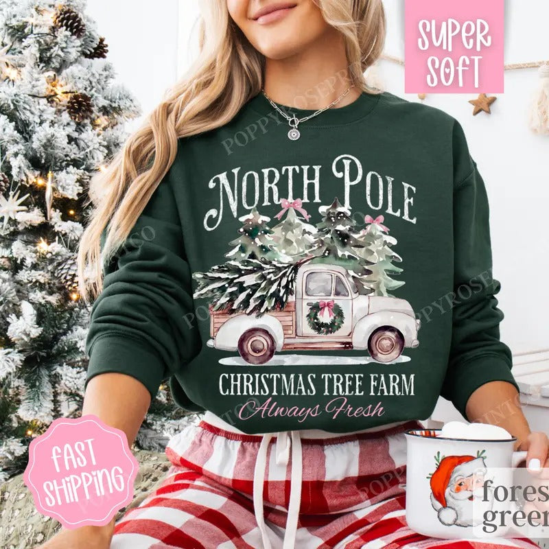 North Pole Christmas Tree Farm Sweatshirt, Christmas Sweater, Women's Holiday Crewneck