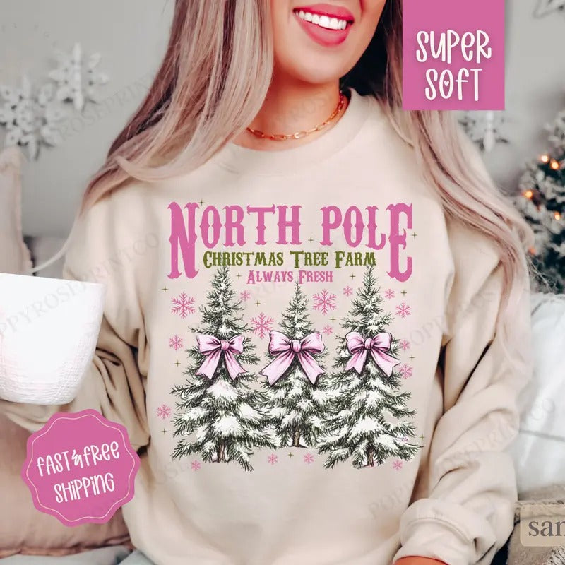 North Pole Christmas Tree Farm Sweatshirt, Christmas Sweater, Women's Holiday Crewneckstyle{n002}2