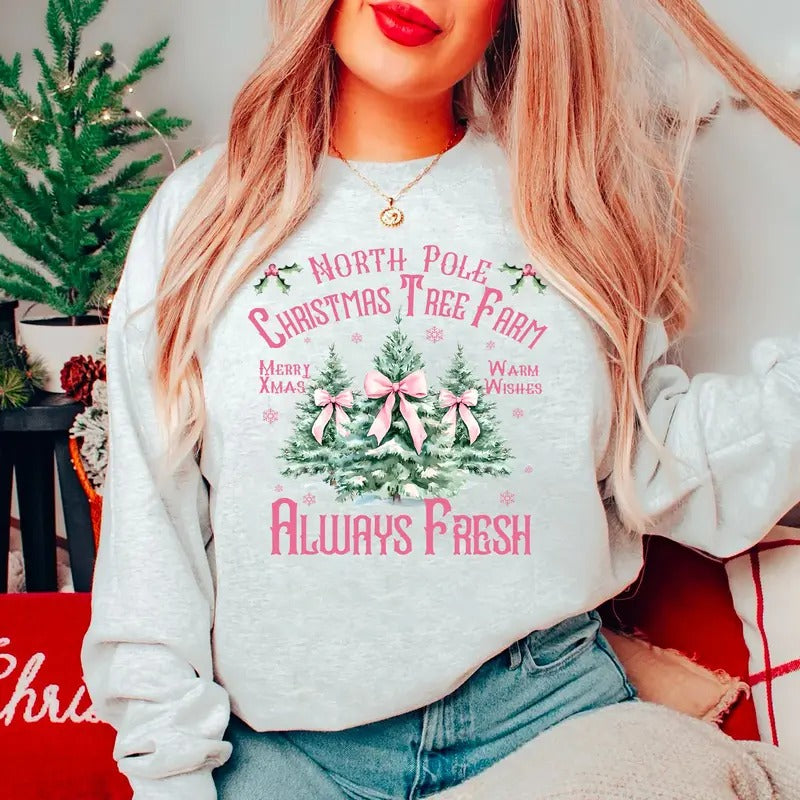 North Pole Farm Fresh Christmas Tree Sweatshirt, Christmas Tree Cake Shirt, Pink Christmas Sweatshirt, Vintage Christmas Crewneck, Retro Christmas Shirt For Women, Girly Christmas Sweatshirt
