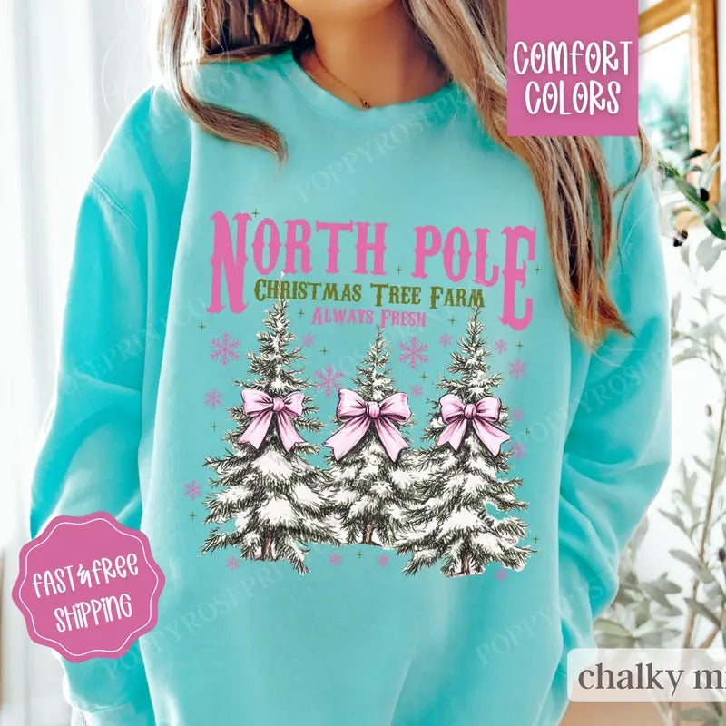 North Pole Tree Farm Comfort Colors Sweatshirt, Christmas Sweater Womenswear, Holiday Crewneck