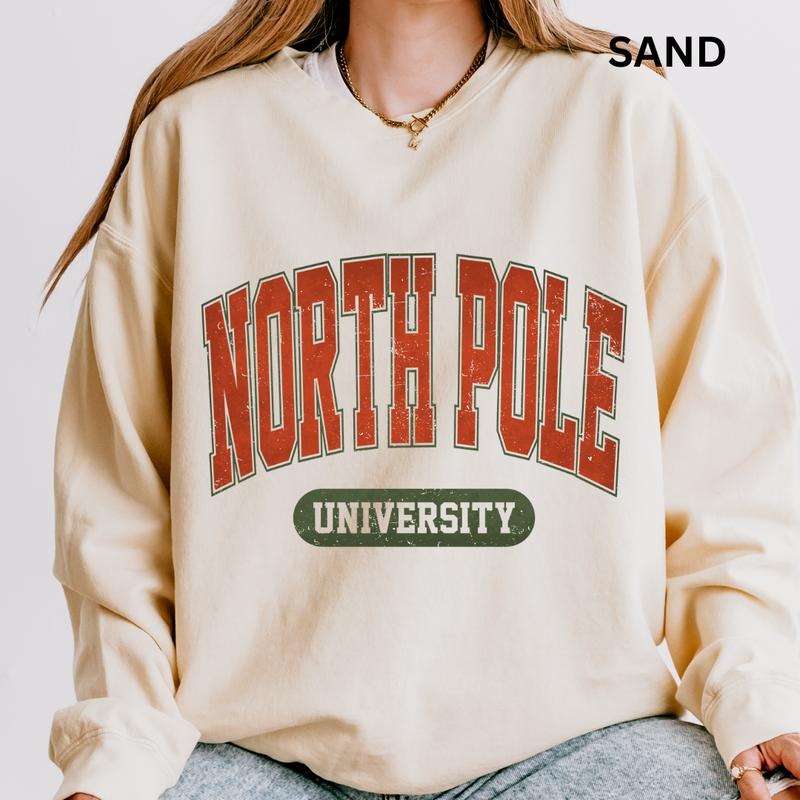 North Pole University Sweatshirt, Christmas Crewneck, Christmas Graphic Sweatshirt, Pink Christmas Crewneck T-Shirts, Hoodie