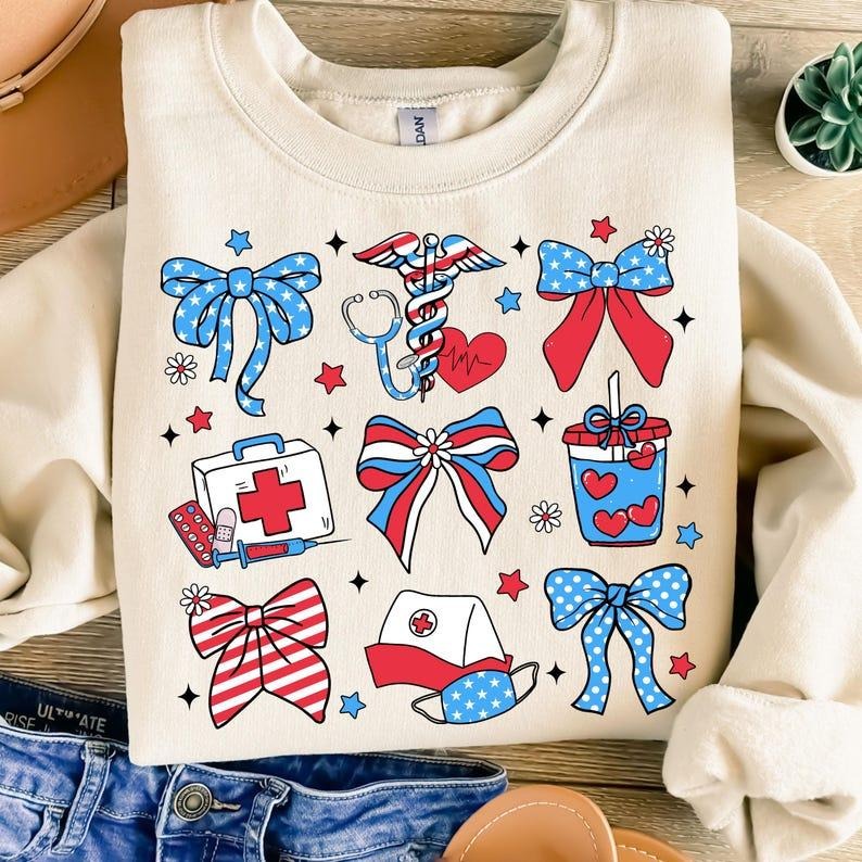 Nurse 4th of July Coquette t-shirt, Nurse America Bow t-shirt, Land of the Free, USA sweatshirt, Independence Day t-shirt, Patriotic t-shirt, 1776 tshirt