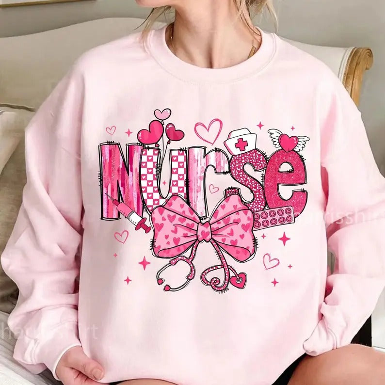 Nurse Valentine Coquette Bow Shirt, Nurse Valentine Shirt, Valentine Tee, Valentine Nurse Shirt, Nurse Sweatshirt, Nurse Heart Tee, Valentine Gift