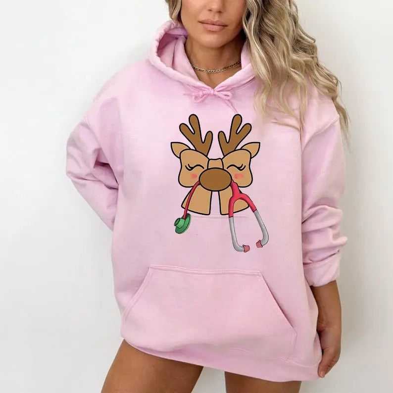 Coquette Nurse Stethoscope Sweatshirt, Christmas Reindeer Shirt For Doctors/Nurses, Perfect Holiday Nurse Gift, Christmas Nurse Sweatshirt, Gift For Her