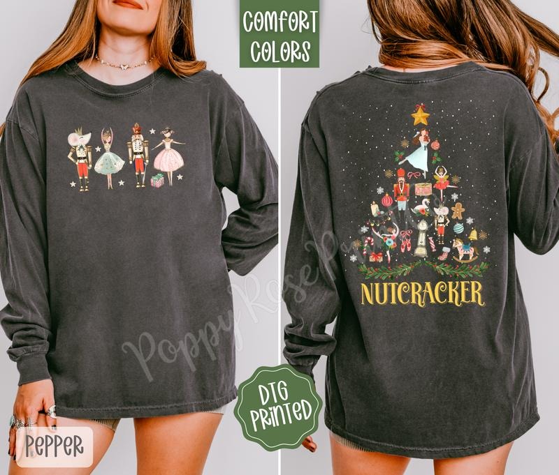Nutcracker Front & Back Comfort Colors Long Sleeve T-Shirt, Cute Women's Christmas Tee Hoodie, Sweatshirt | WearSparks.com